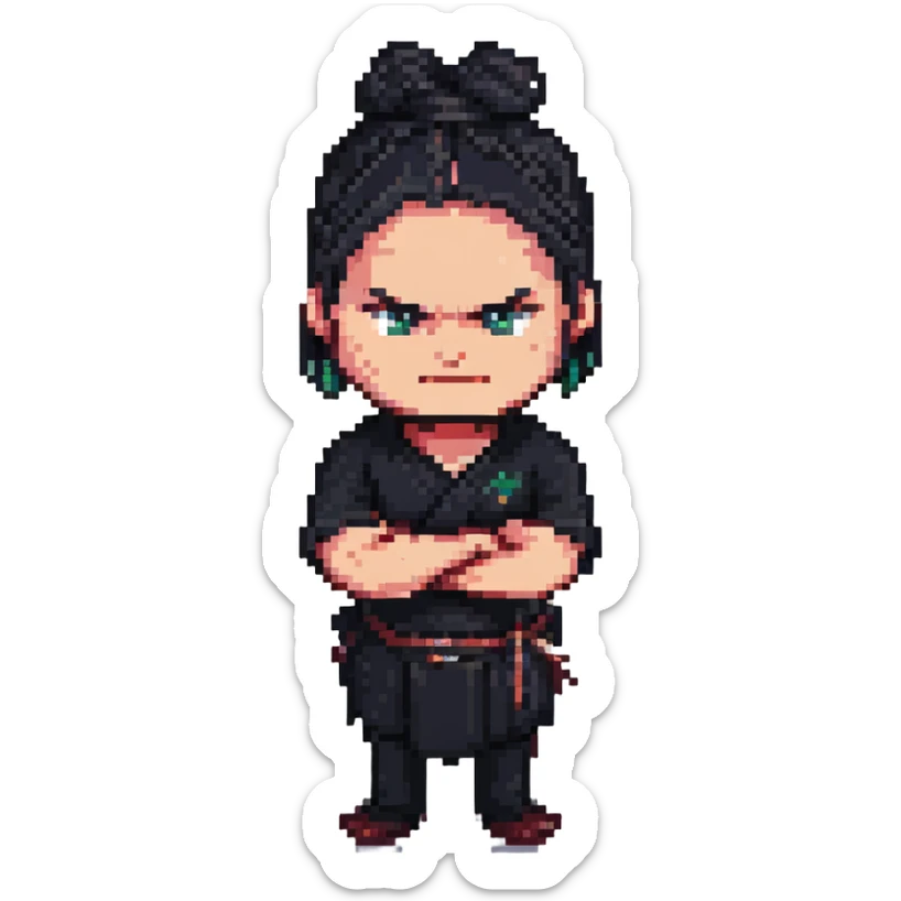 angry man with long black hair tied in a bun, arms crossed, dressed in black, pixel art 32bit style sticker