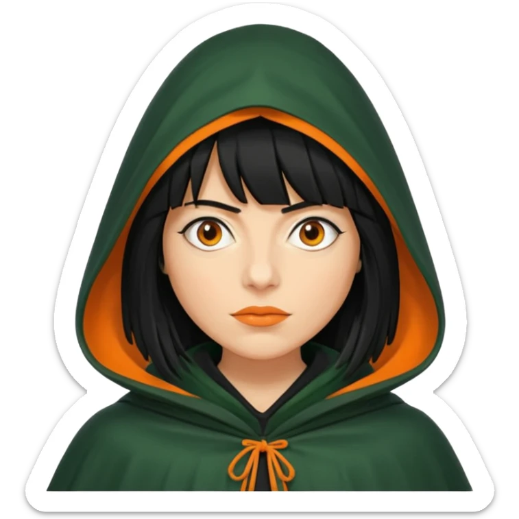 traitor tv show, person wearing dark green cloak with hood up who looks like claudia winkleman orange skin tone and thick black fringe no orange on the cloak  sticker