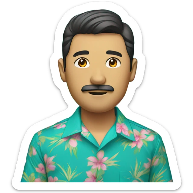 young asian man with beard and mustache, teal hawaiian shirt with pink flowers sticker