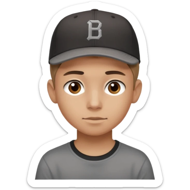Create a teen boy wearing a faded black T-shirt. He will have light brown hair that is buzzed, tan skin, and dark brown eyes. He is wearing a gray baseball hat turned backwards. sticker