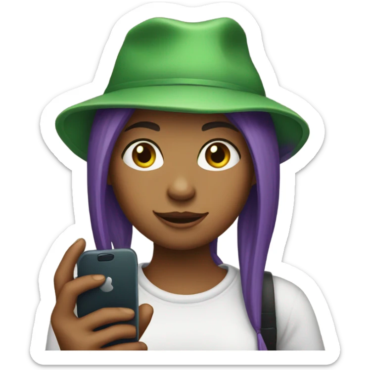 Make a daughter with a cell phone and purple hair and a green hat sticker