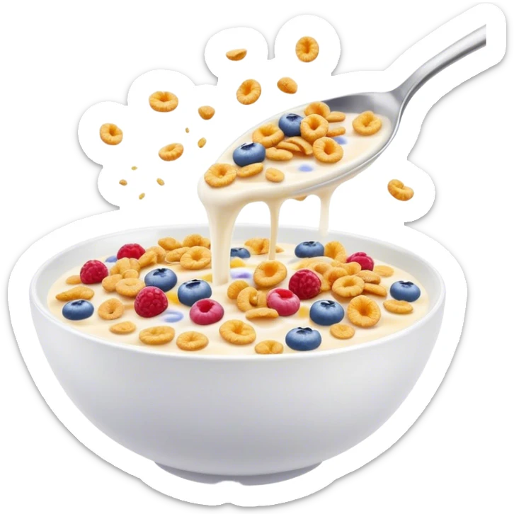 Cinematic crunchy cereal, vibrant and colorful, splashing into a bowl of cold milk, soft glowing background, dynamic movement, playful and inviting, nostalgic and fun. sticker