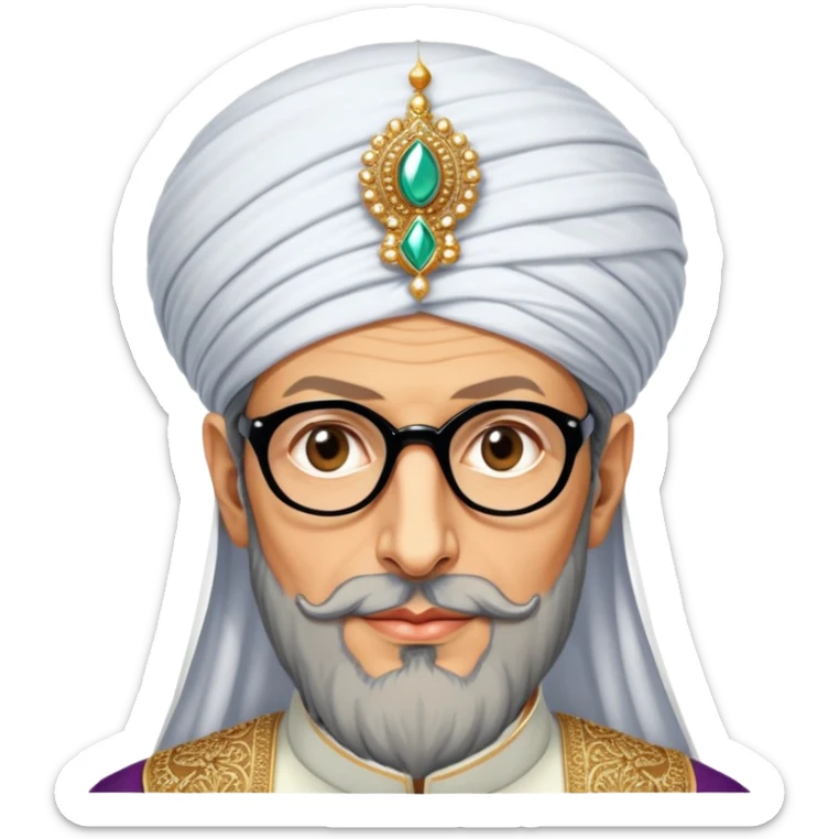 Jeff Goldblum no glasses as a regal portrait dressed as suleiman-the-magnificent,-depicted-as-a-regal-ottoman-sultan-adorned-with-a-large,-white,-round,-tall-turban-and-a-majestic-grey-beard,-his-commanding-gaze-bathed-in-warm,-historic-lighting-that-exudes-timel sticker