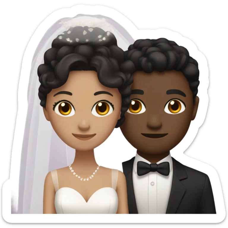 Bride with black wavy hair and light skin, Groom with black short wavy hair and brown skin, both dark brown eyes sticker