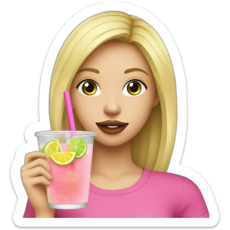 blonde girl straw drinking pink lemonade with one green lemon in the cup, with black watch black t shirt sticker
