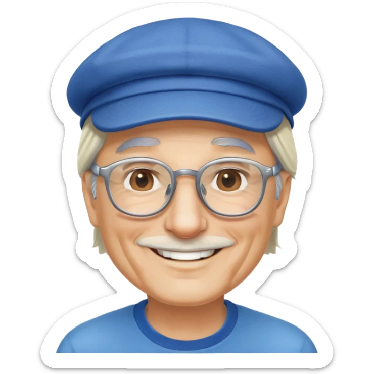 người đàn ông 60 tuổi, da trắng, tóc bạc hơi ngả vàng, mặt cười tươi vui vẻ, đeo kính,đội mũ màu xanh, nửa thân trên sticker