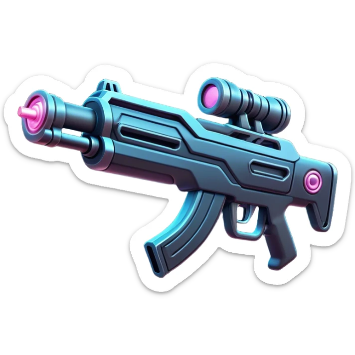 Clash of Clans aesthetic: Cinematic Playful Laser Rifle Emoji, rendered in a 3D vector-style similar to standard emojis with minimal shading and bold, simplified shapes. A compact, sleek energy weapon with futuristic contours and a glowing barrel, softly glowing with a sci-fi battle charm. Simplified yet unmistakably iconic, highly detailed and consistent, glowing with a soft pulsating radiance and high shine. Stylized with a touch of cosmic engineering and a soft glowing outline, capturing the essence of a cutting-edge energy armament with a playful, dynamic aura! sticker