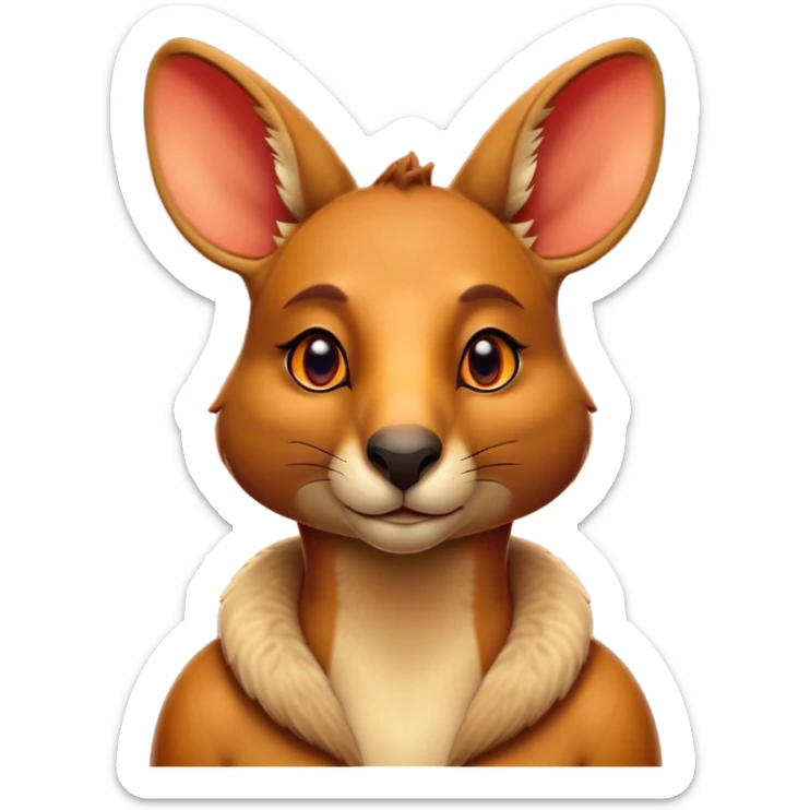 Cinematic Noble Kangaroo Portrait Emoji, Poised and regal, with a powerful, muscular build and a sleek, well-groomed fur of warm red-orange hues, deep-set soulful amber eyes and a strong tail, Simplified yet sharp and sophisticated features, highly detailed, glowing with a warm, dignified glow, high shine, intelligent and athletic, stylized with an air of outback majesty, focused and attentive, soft glowing outline, capturing the essence of a watchful and confident marsupial, so majestic it feels as though it could bound out of the screen with effortless authority! sticker