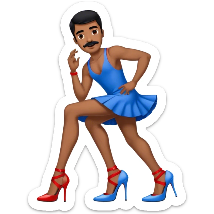 Man in a blue dress and blue and red strappy high heels with black hair and black mustache and brown skin sticker