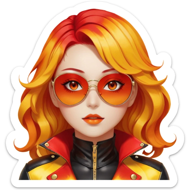 Beautiful gorgeous anime lady with beautiful fiery long warm-red-orange-yellow-gradient-wavy-special-hair, fashion aesthetic, black sunglasses, accessories, gold jewelries, red-and-yellow sunny-pattern-eyes, black latex-suit, biker-woman, cool, badass sticker