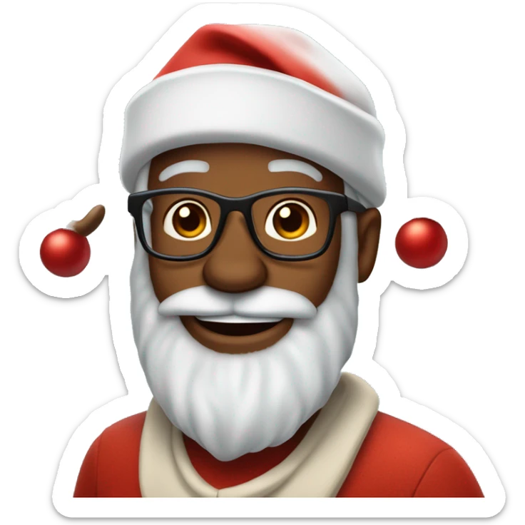 A 50 years brown skin man who has beard, glasses, and use Santa's hat and two  Rudolf the reindeer horns sticker