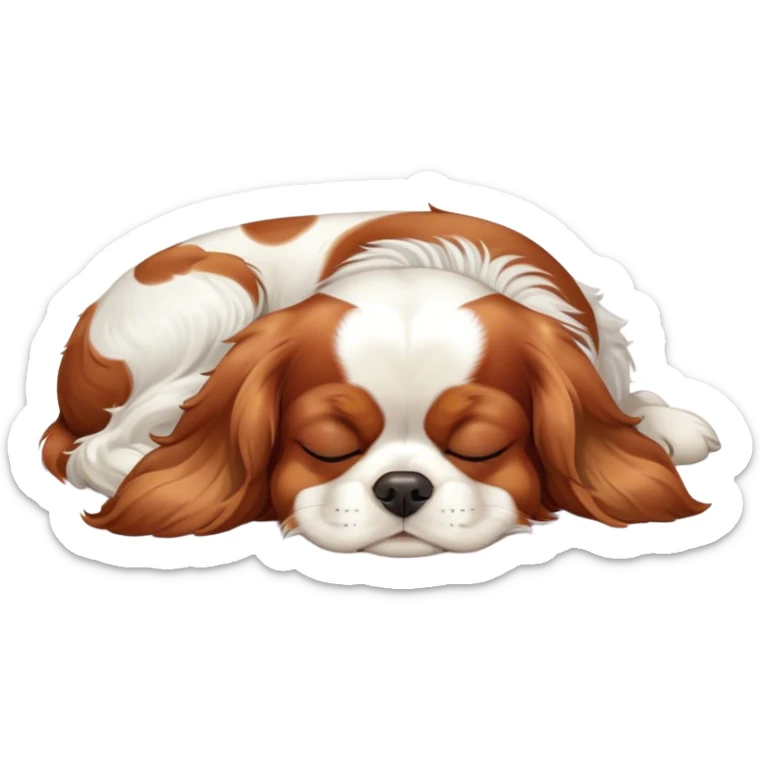 Cinematic cute Sleeping Cavalier King Charles Spaniel Portrait Emoji, cute and serene, with a round, endearing build and a plush, silky coat of rich chestnut and white, eyes gently closed in peaceful slumber, Simplified yet irresistibly endearing features, highly detailed, glowing with a gentle, dreamy glow, high shine, relaxed and content, stylized with a touch of whimsy, bright and heartwarming, soft glowing outline, capturing the essence of a blissfully sleepy companion, so comically serene it feels like it could roll out of the screen and snore with adorable charm! sticker
