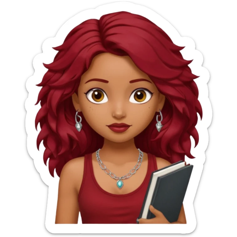 a pretty tan indian bratz girl with messy dark wavyred hair, wearing a dark red tank top, layered silver necklaces. Carrying multiple sketchbooks sticker
