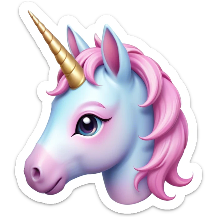 Cinematic Cute Unicorn Pony Portrait Emoji, Head tilted playfully and inquisitively, featuring a charming, diminutive form with a gentle pastel color, a delicate, sparkling horn and large, dreamy eyes full of wonder, Simplified yet irresistibly adorable features, highly detailed, glowing with a warm, magical glow, high shine, affectionate and lively, stylized with a touch of whimsical charm, soft glowing outline, capturing the essence of a mischievous yet endearing unicorn pony that seems as if it could prance out of the screen into your arms! sticker