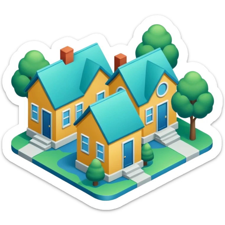 group of 3 houses representing neighborhood isometric houses on transparent background similar in style to the iphone icons houses should be colored in blue and green details sticker