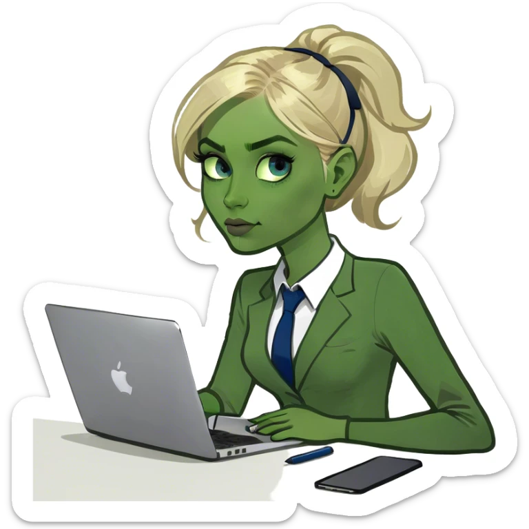 White skin girl with blue eyes, blonde hair working with Mac  sticker
