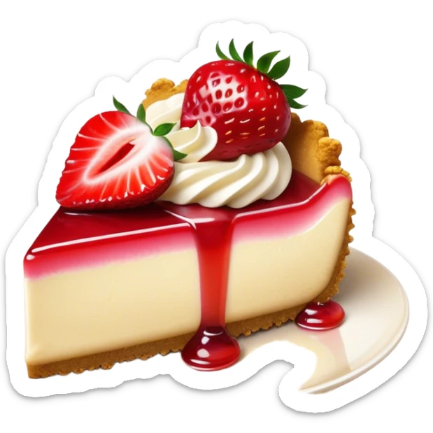 Cinematic creamy cheesecake, smooth and velvety, topped with fresh strawberries and a glossy fruit glaze, golden crumbly crust, beautifully plated, soft glowing background, indulgent and elegant. sticker
