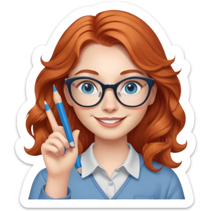 redheaded woman with long wavy hair, blue eyes, cat-eye glasses, casual outfit, holding a pencil, smiling, waving sticker