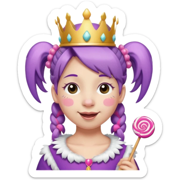 smiling face with pink pigtails, eyes closed, wearing a crown with white and purple feathers on top, and a lollipop in its mouth sticker