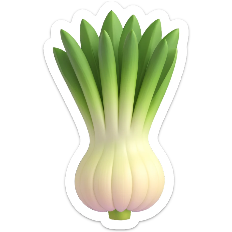 whole leek with thick white base, pale to dark green leaves, leaves open and layered, root end with hair-like roots, moist and clean, 3D-rendered, minimal, soft shadows, no face, transparent background, emoji scale sticker