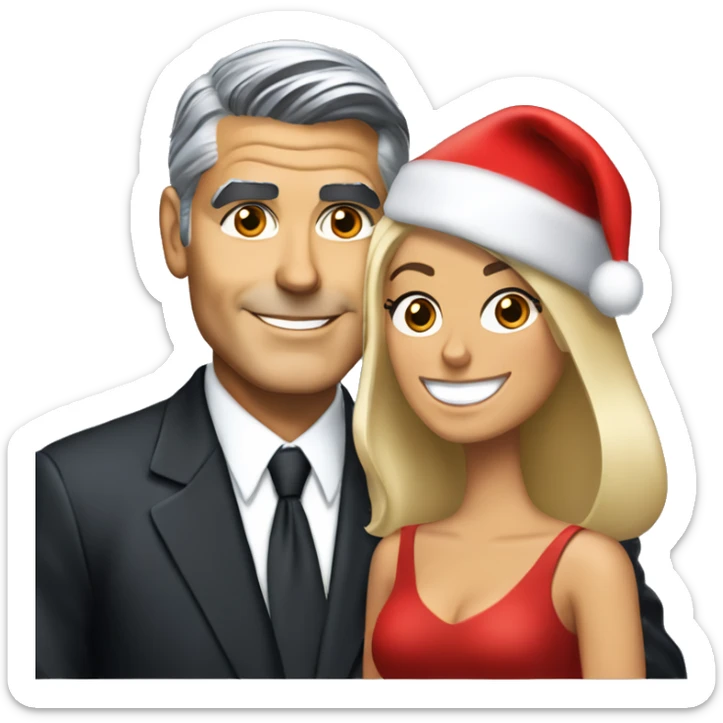 George Clooney & blonde woman holding Yorkshire terrier wearing red santa hat sticker