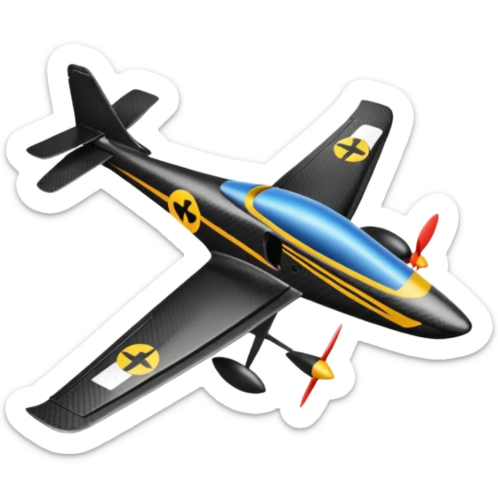 Emoji of a black rc plane. The design is a long thin carbon fiber spar in the longitudinal axe. At the head of the plane, a black carbon fiber long prism where the wings start from. The wings are completely rectangular. The tail is V-shaped sticker