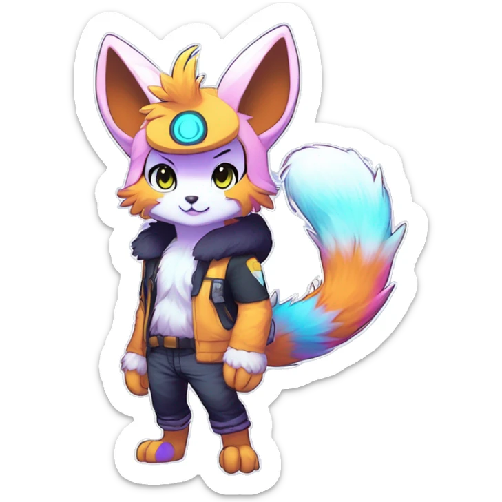 Anthro Scalie Fluffy Cool Cute Magical Shiny Colorful Neon Vibrant Colors Sparkle Kemono-style Chibi Fantasy-Animal-Fakémon-Pokémon-Hybrid Fur Sona Aesthetic Full Body sticker