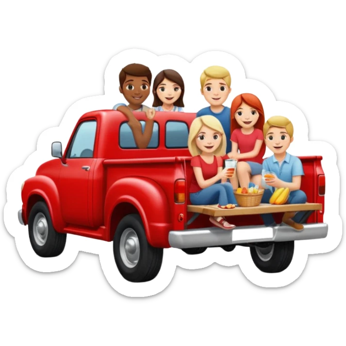 People having a picnic in the back of a red pick up truck sticker