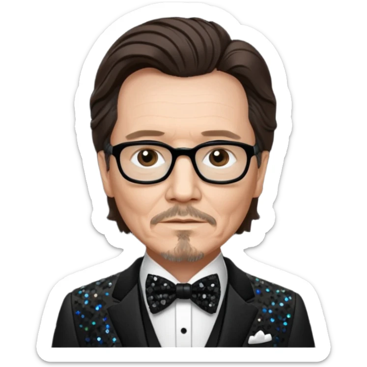 Gary Oldman with dark brown hair hair, black sequin suit with bow tie sticker