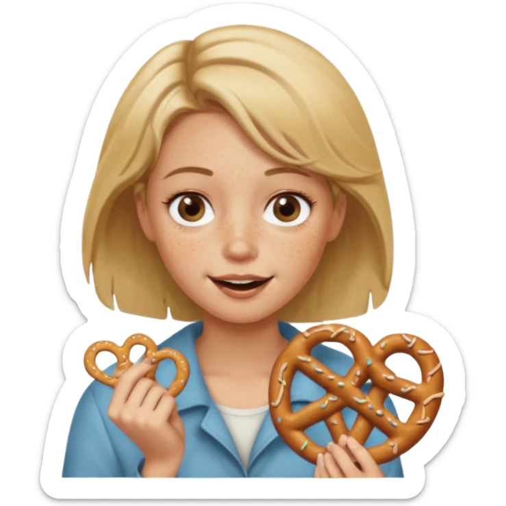 Short, center part, Dirty blond hair, fair skin with freckles,  holding pretzels and winking her eye sticker