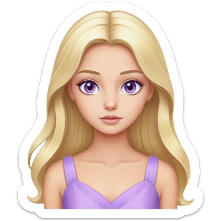 Luxury blonde model, hazel eyes, sleek long hair, pastel purple dress sticker