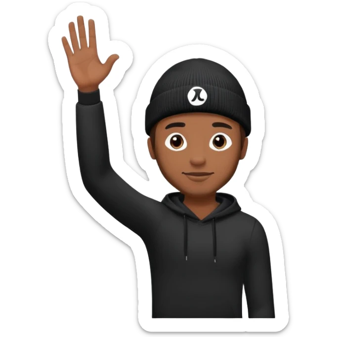 Brown skin man with black beanie that says lululemon on the top waving with his when up sticker