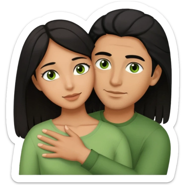Woman  with brown eyes and black hair hugging a man with green eyes and brown hair sticker