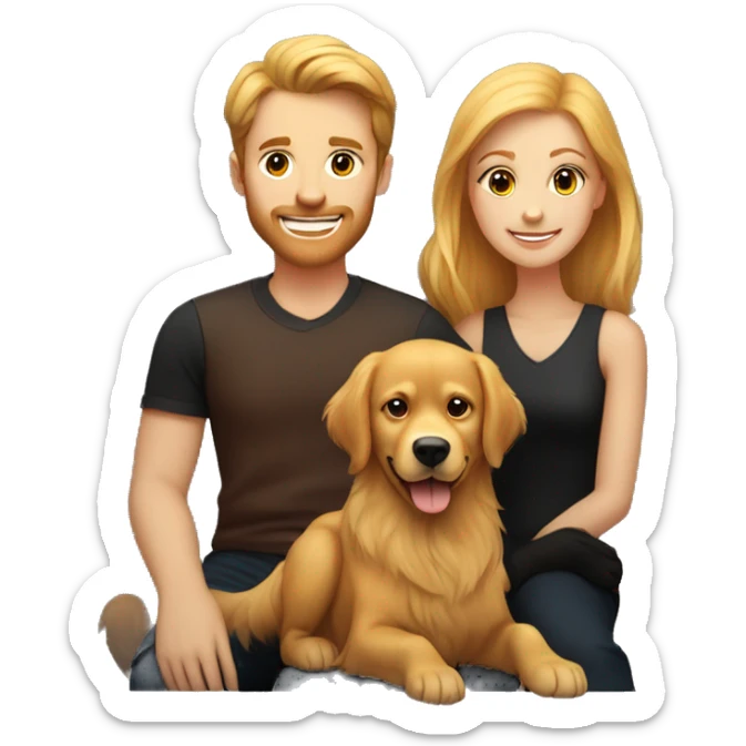 Family portrait with a smiling blonde woman,  red-haired man,  golden retriever sitting beside them, and  black cat sitting in front. sticker