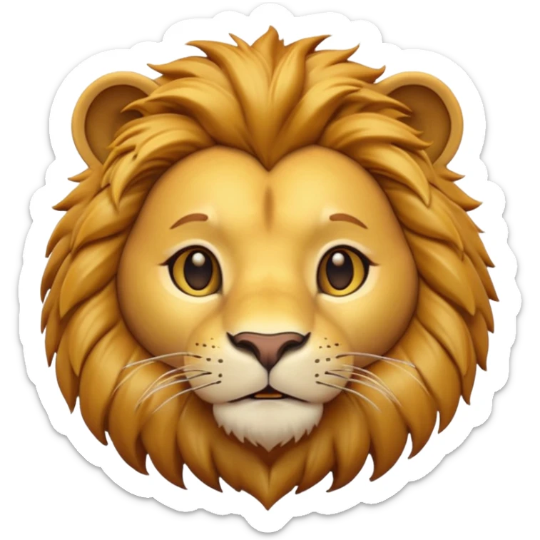 A 3D cartoon lion face close-up with fine whiskers and golden fur detail, soft natural light, strong majestic look, Memoji-style realism. sticker