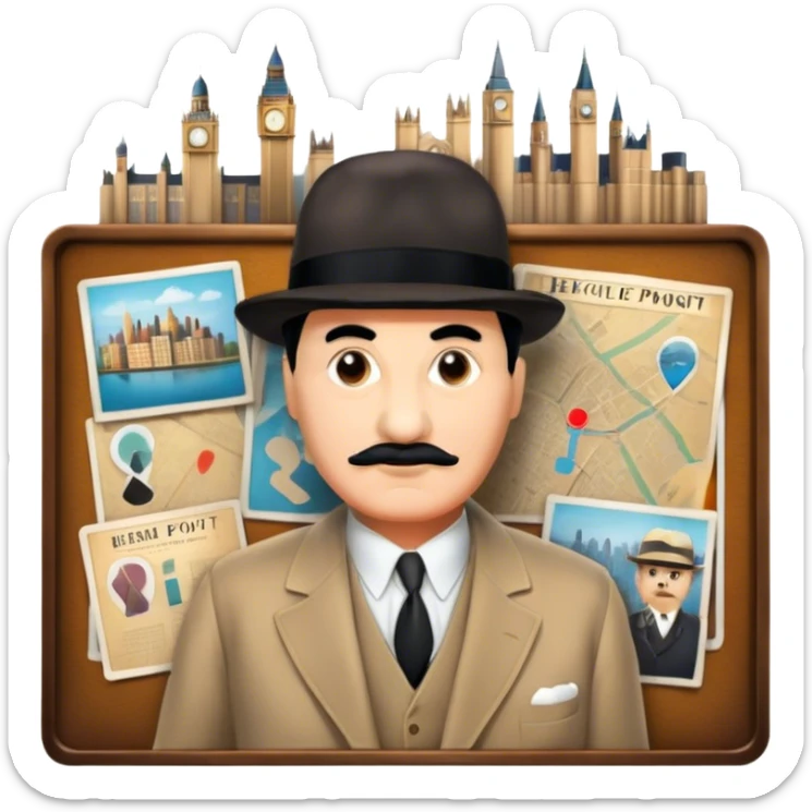 Icon for Detective Movies: A colorful collage with Hercule Poirot and mysterious city backdrop. Include a board with photos of suspects, clues like fingerprints and a crime scene. Retro movie poster style. Transparent background. sticker