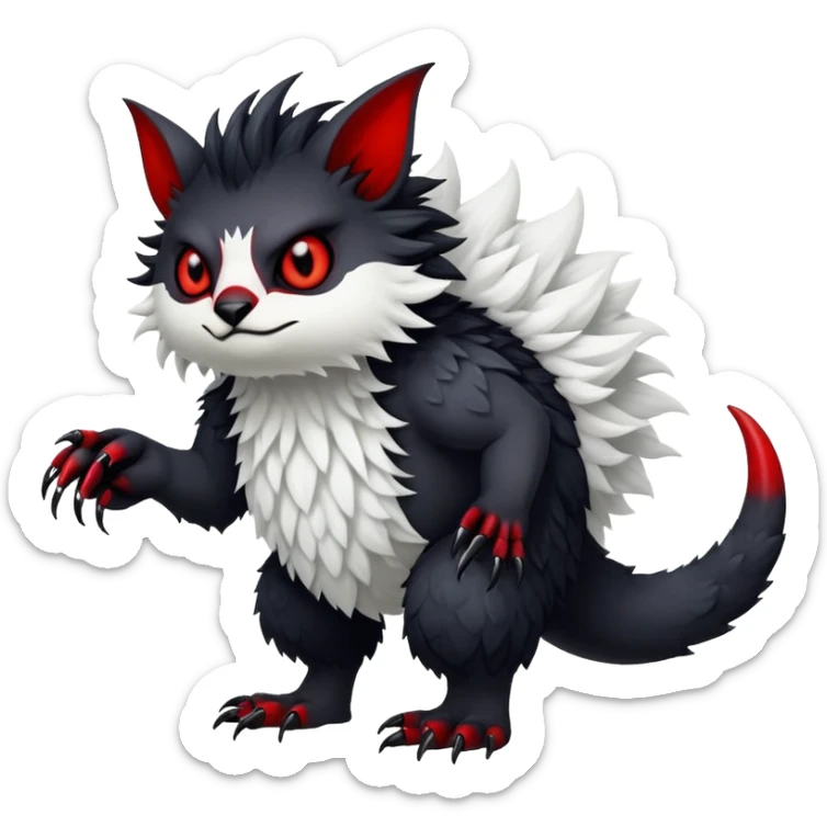 a white exotic edgy vernid-fionbr-Fakémon-creature, with black belly and red eyes, full body sticker