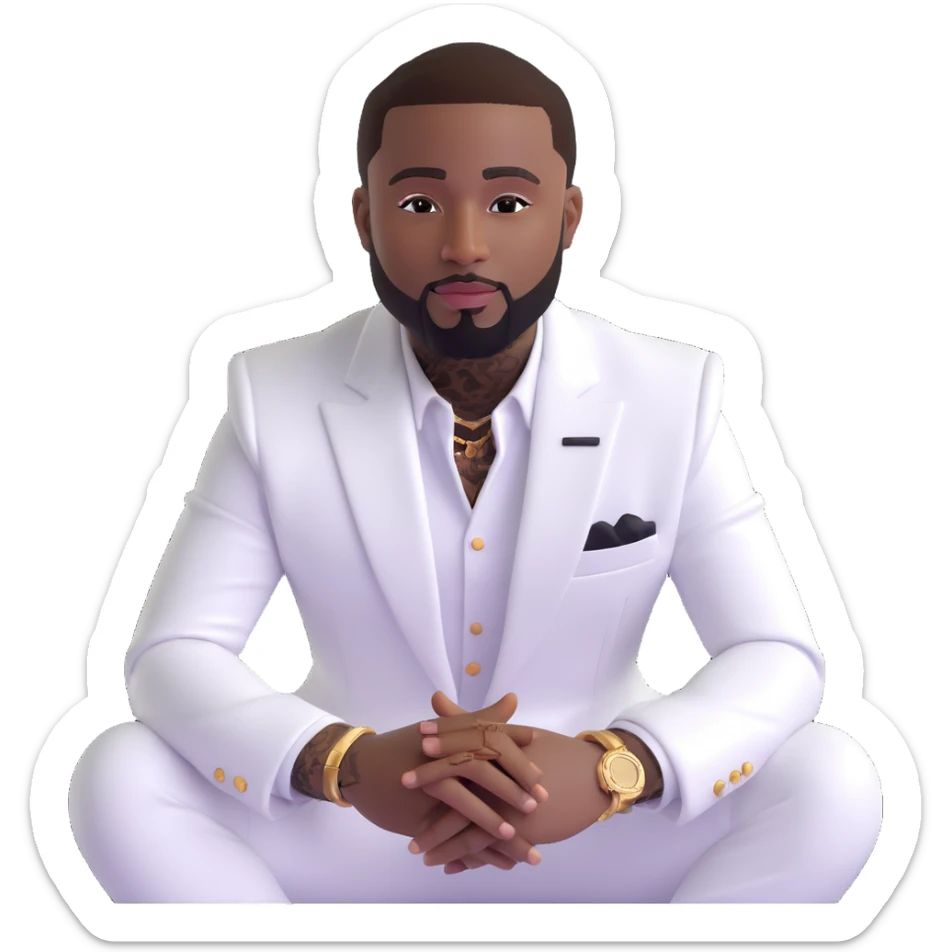 cartoon emoji of Davido wearing a white suit inspired by his look in the 'WITH YOU' album cover, sitting confidently, with a trimmed beard and signature style, fun and expressive sticker