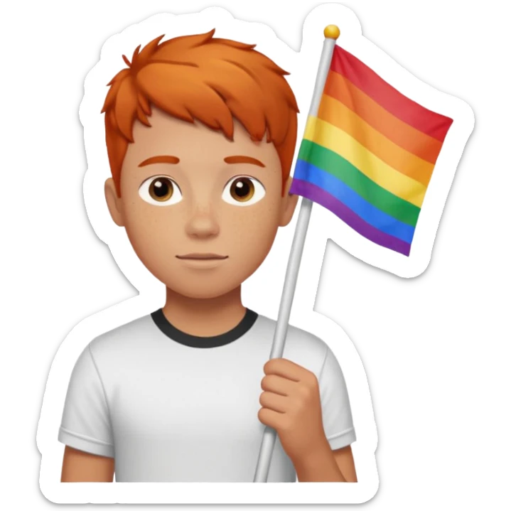 A gay, ginger, young, freckled, boy with a shirt with the name JUDE on it in red marker, holding a pride flag sticker