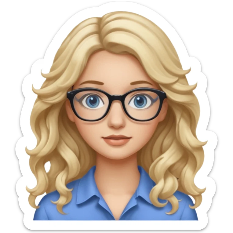 Fille 20ans qui a des cheveux long et blond et wavy avec des lunettes et des yeux bleu- gris avec du mascara sticker