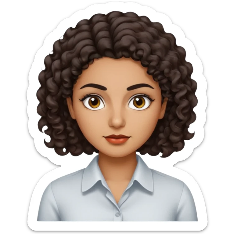 30 yr iranian woman dark brown hair curly wavy short hair, dress shirt, thick eyebrows sticker