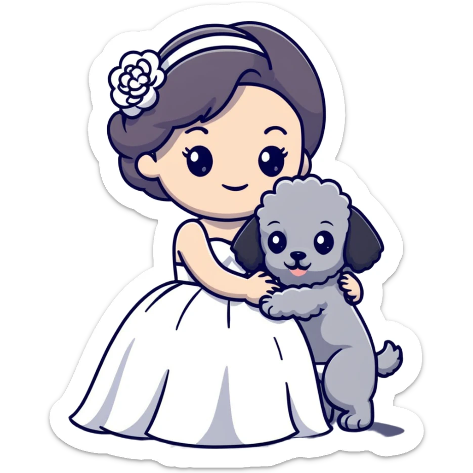beautiful girl in a wedding dress hugging a small gray poodle sticker
