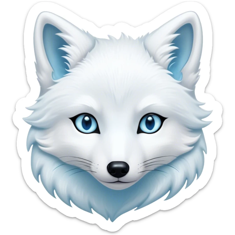 Cinematic Noble Arctic Fox Portrait Emoji, Poised and regal, with a compact, agile build and a luxurious, pure white Fur accented by a subtle hint of icy blue, deep-set soulful piercing eyes, Simplified yet sharp and sophisticated features, highly detailed, glowing with a soft, dignified glow, high shine, intelligent and cunning, stylized with an air of arctic elegance, focused and attentive, soft glowing outline, capturing the essence of a watchful and confident fox, so majestic it feels as though it could dash out of the screen with effortless authority! sticker