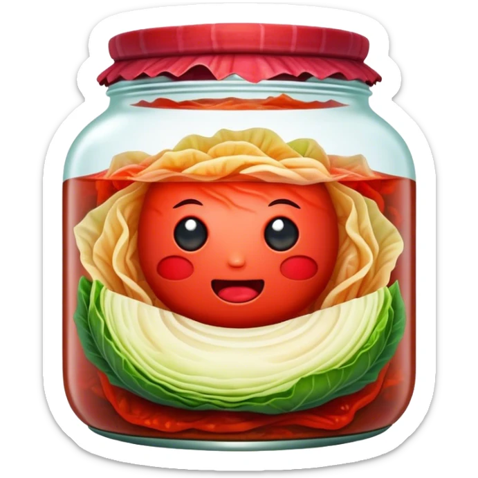 Kimchi Cinematic Realistic Kimchi Dish Emoji, depicted as spicy, fermented cabbage with vibrant red hues neatly served in a traditional jar, rendered with dynamic textures and bold, appetizing lighting. sticker