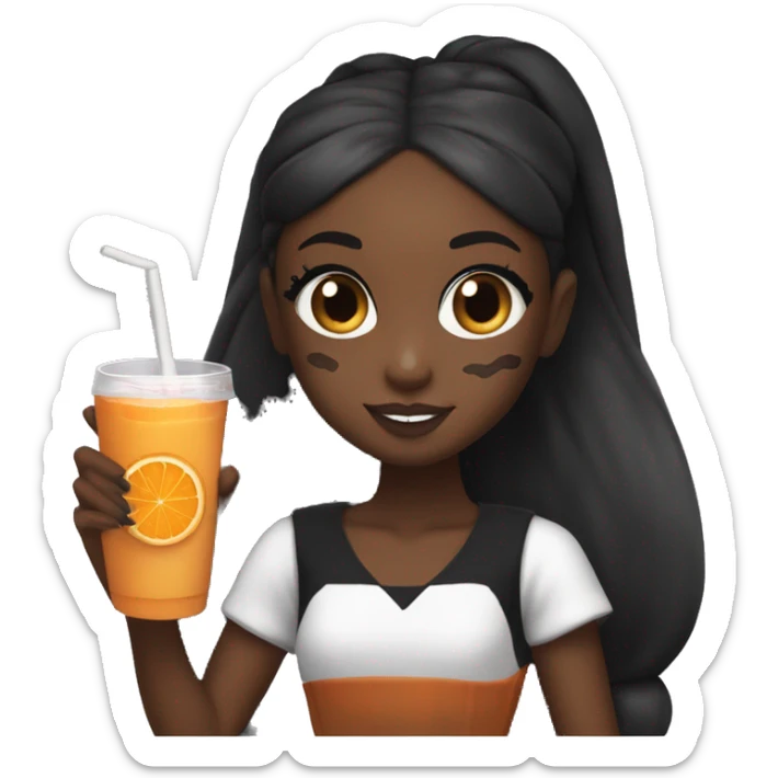 Ariana grande with black skin holding a cookie and Orange juice with dark hair and high ponytail sticker
