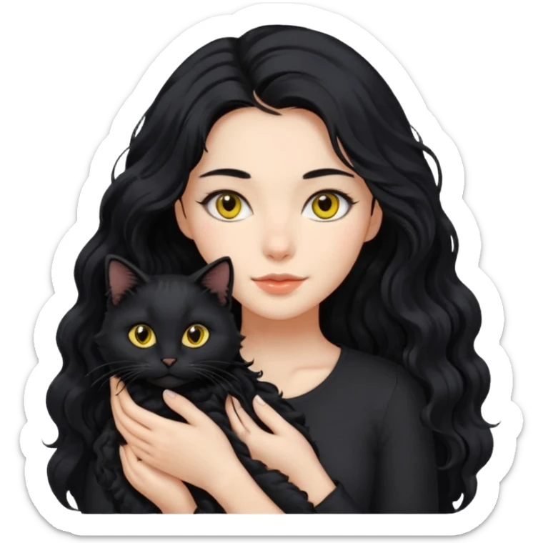 una ragazza di circa 25 anni, capelli lunghi ondulati neri con in braccio un gatto nero sticker