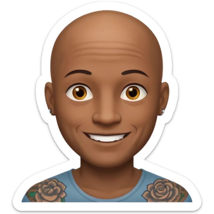 This is a cartoon-style avatar of a bald man with dark skin, golden-brown eyes, and several tattoos on his face, smiling with a friendly expression. sticker