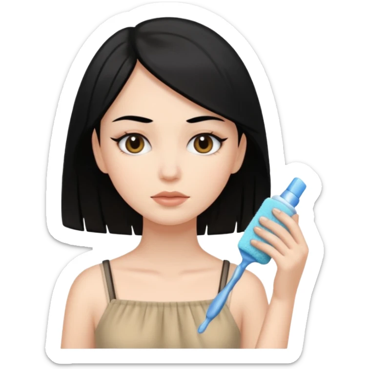 White girl with black hair in beige dress getting a face cleaning  sticker