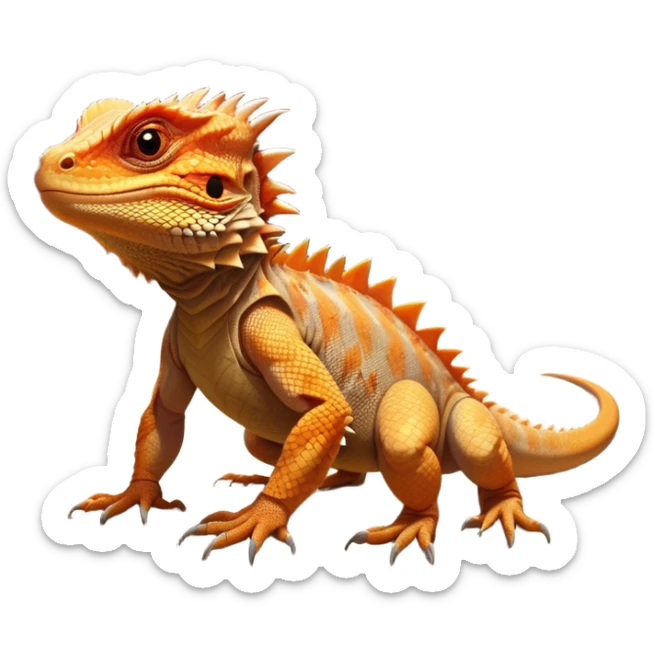 cinematic-bearded-dragon-realistic-full-body-standing on all fours-emoji,-rough-scaled-body-balanced-on-strong-legs,-spiky-throat-slightly-flared,-head-tilted-dramatically,-warm-orange-and-brown-patterns-glowing-under-the-sun,-simplified-yet-realistic-focused-features,-highly-detailed,-glowing-with-an-almost-sarcastic-glow sticker