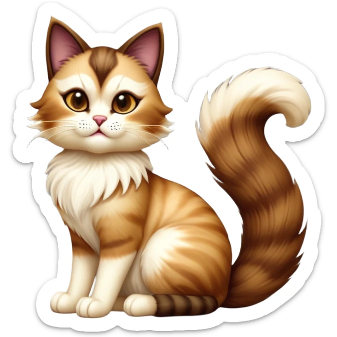 cinematic-[showshoe cat]-realistic-full-body-sitting-emoji,-tail-curled-playfully-around-its-paws,-head-tilted-dramatically,-fluffy-[brown mask]-fur,-simplified-yet-realistic-focused-features,-highly-detailed,-glowing-with-an-almost-sarcastic-glow sticker